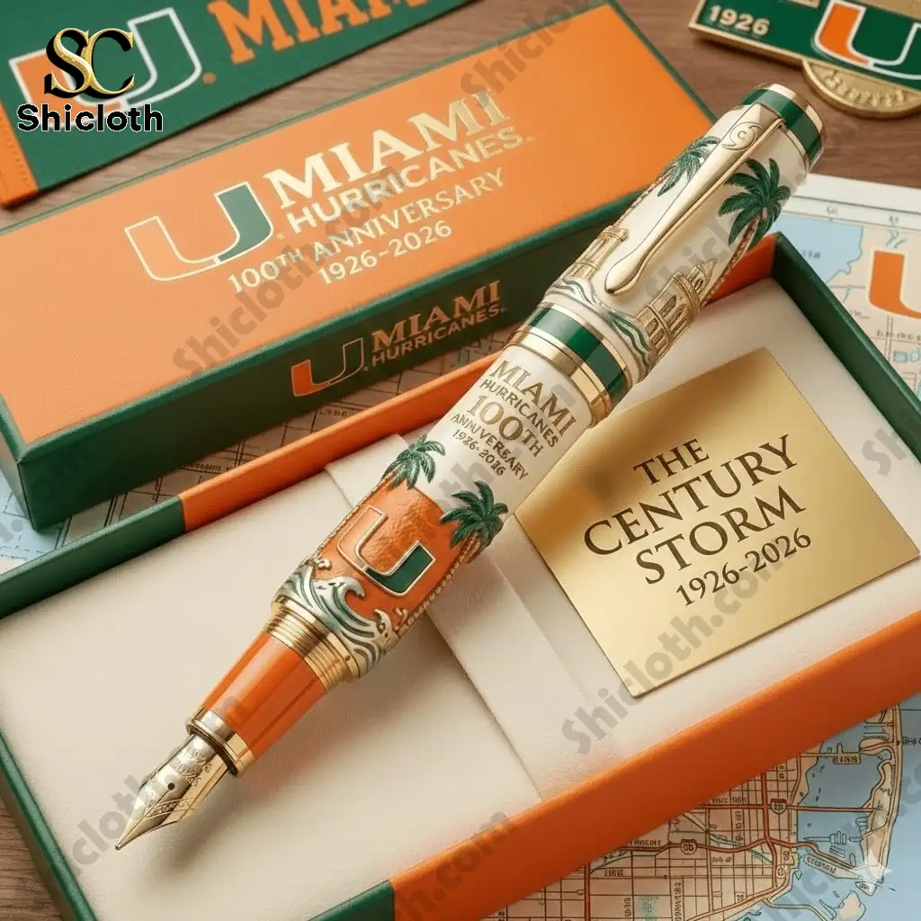 Close up of Miami Hurricanes 100th Anniversary pen in gift box