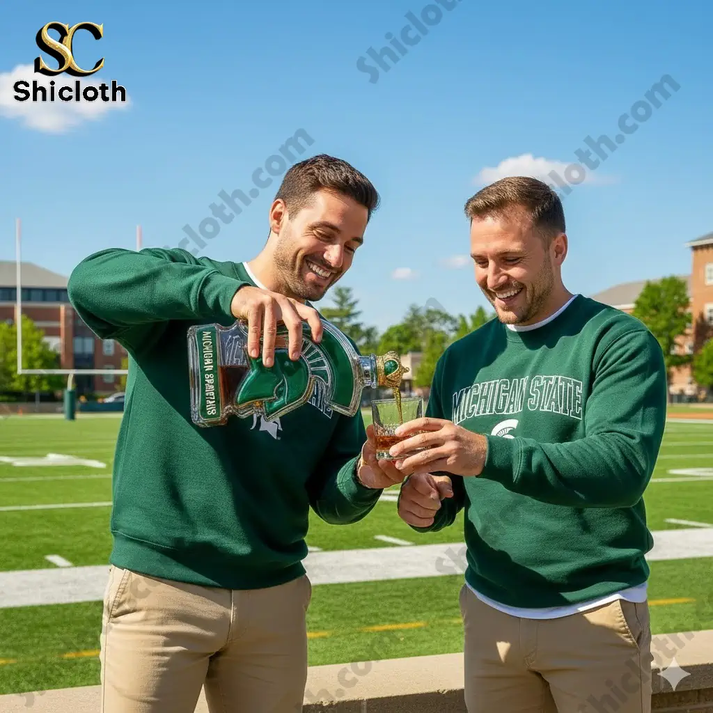 Two men in green shirts pour whiskey from a Michigan State Spartan bottle on a football field!