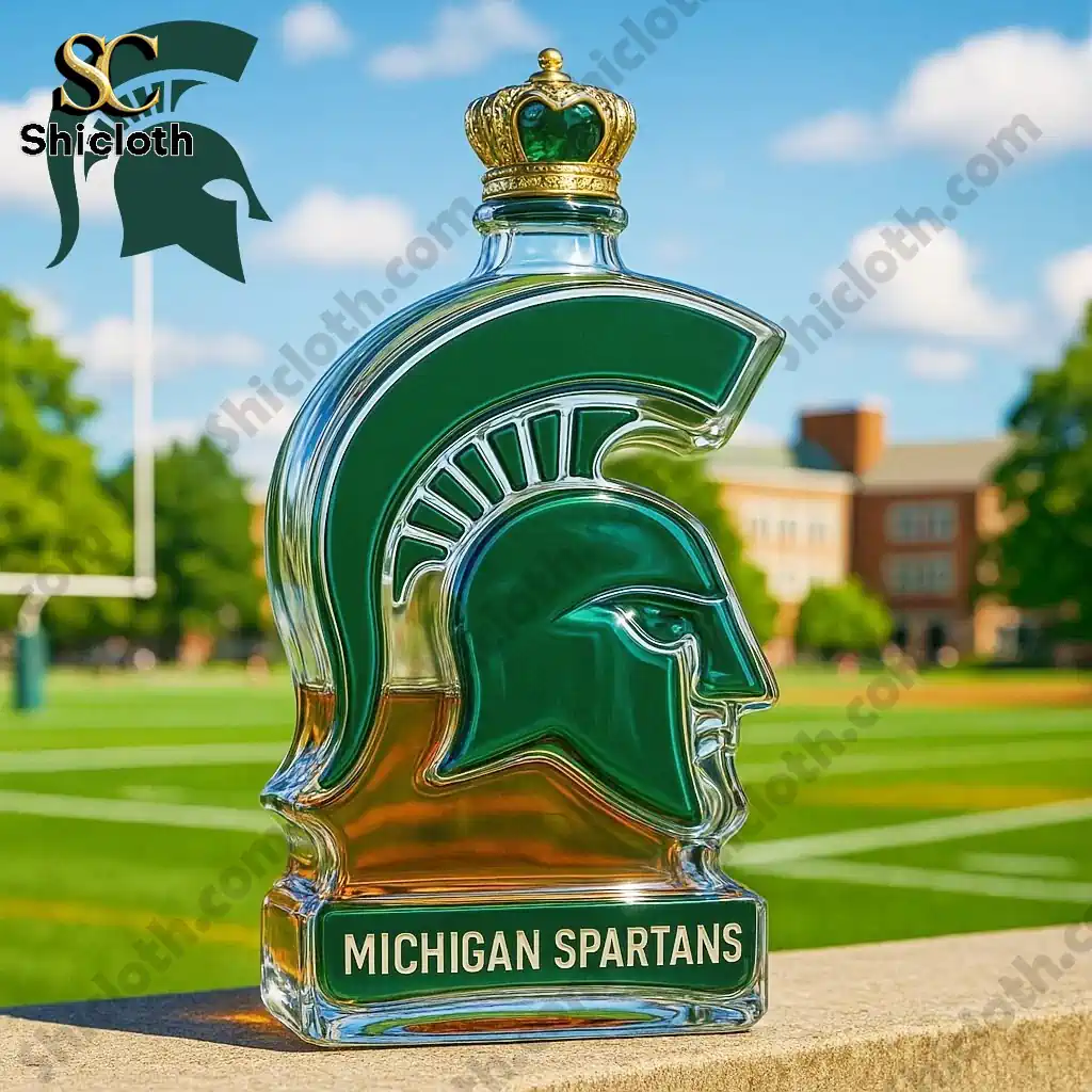 Michigan State Spartans Spartan helmet whiskey bottle with crown cap on a football field!
