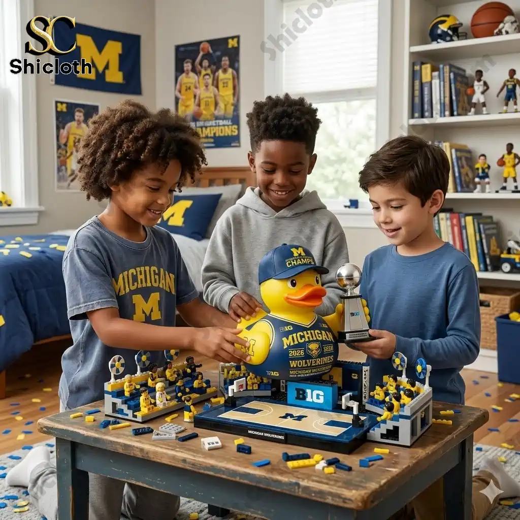 Three kids playing with Michigan Wolverines commemorative duck figure and mini basketball court set in a themed bedroom.