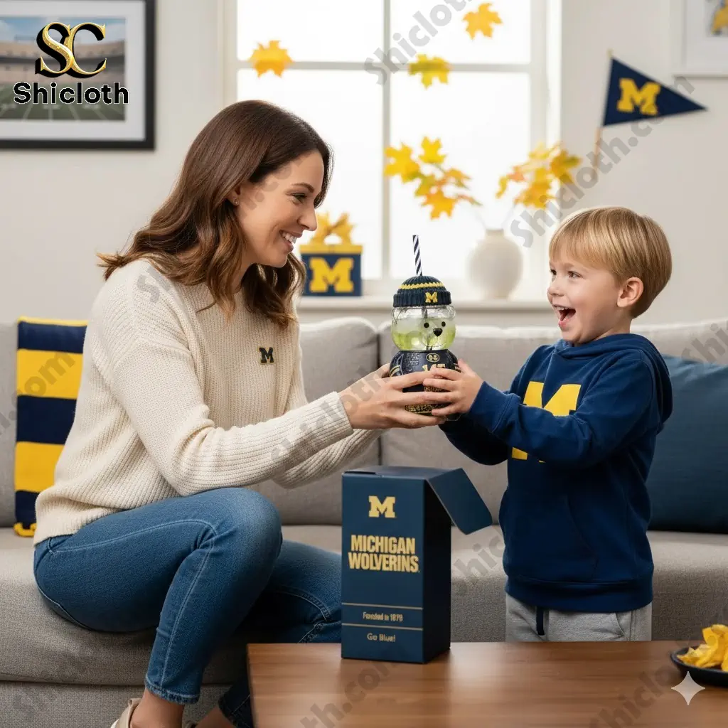 Woman giving a Michigan Wolverines bear shaped cup to a smiling child on a couch!