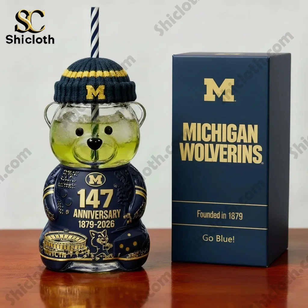 Michigan Wolverines bear shaped cup with 147th anniversary design next to a branded gift box!