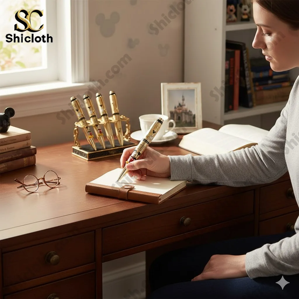 Woman writing in notebook with Mickey Mouse 98th Anniversary Shiclothg pen on wooden desk