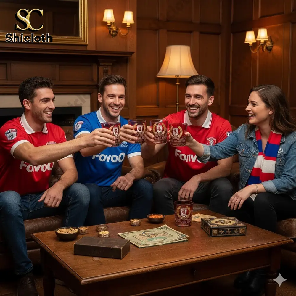 Football fans cheering with commemorative club glasses indoors!
