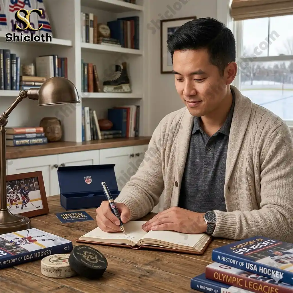 Man writing in notebook with Team USA Milano Cortina 2026 Olympic Gold Medal pen at wooden desk.