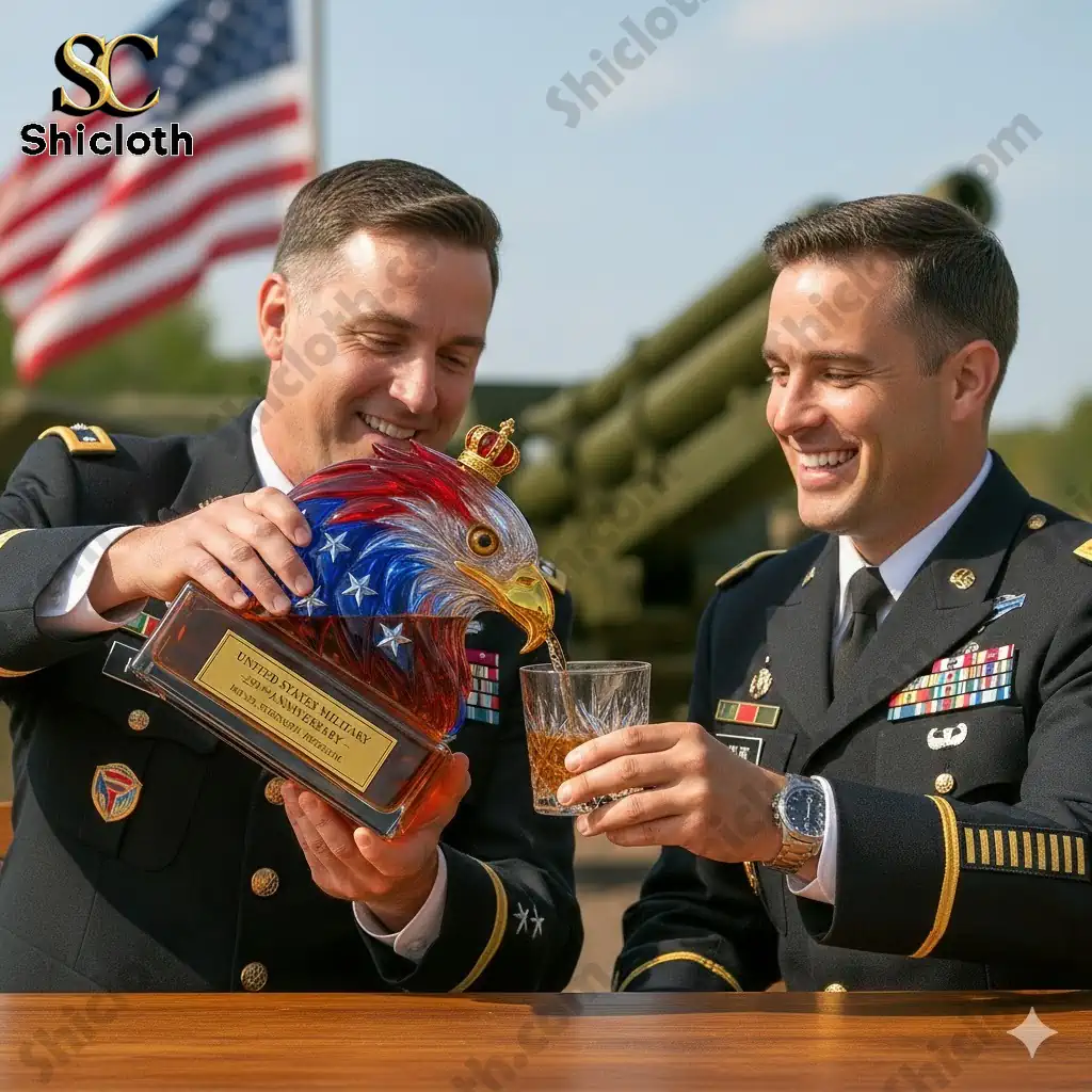 Two US Army officers pouring whiskey from an eagle shaped bottle into a glass outdoors.