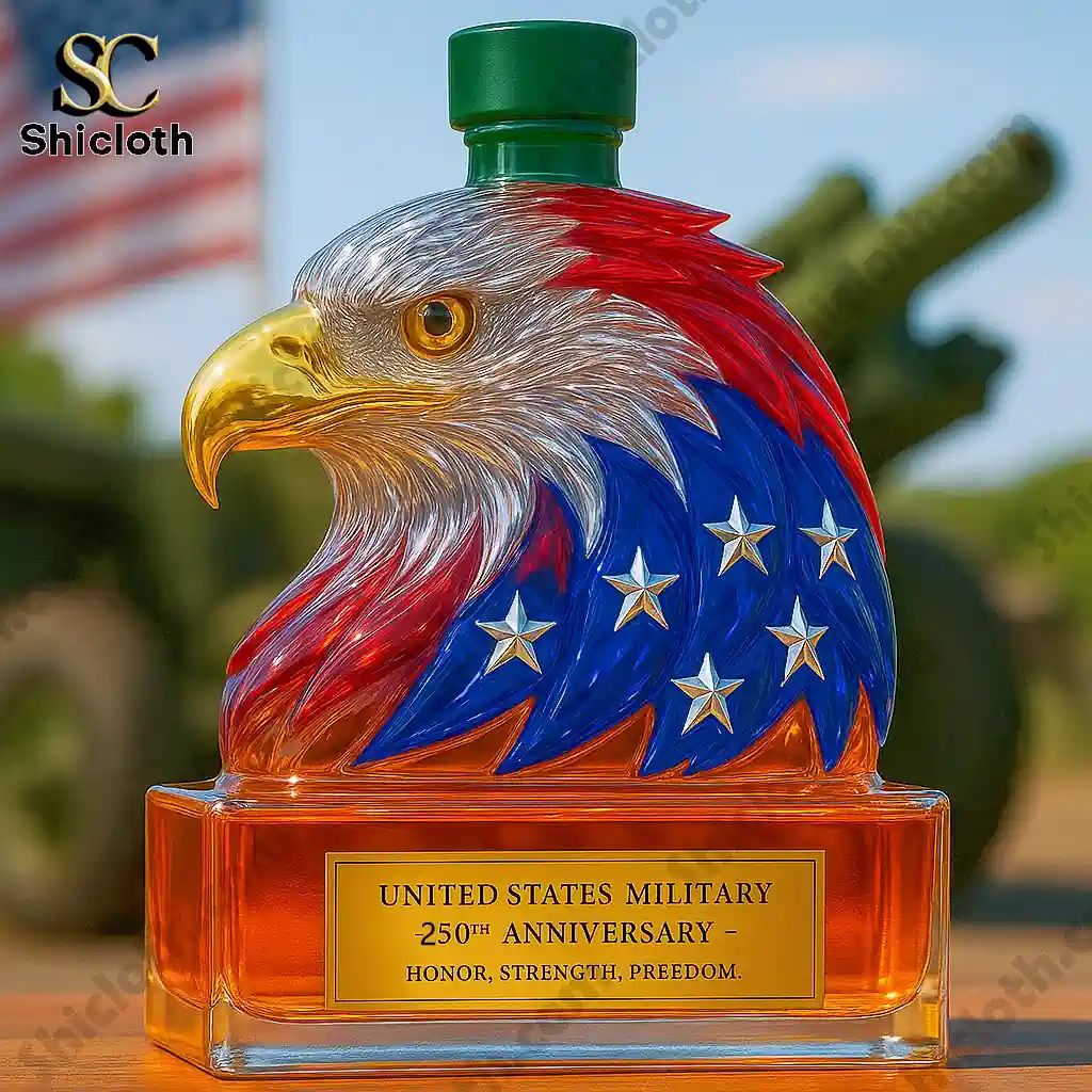 Close up of an eagle shaped whiskey bottle with American flag colors and green cap.