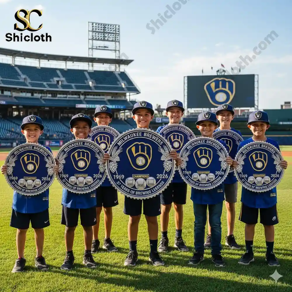 Youth baseball team holding Milwaukee Brewers championship round signs on a stadium field!