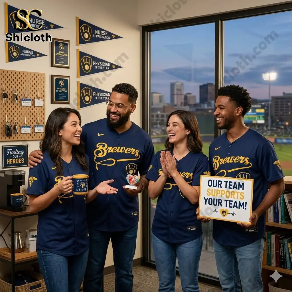 Four people wearing Milwaukee Brewers Healthcare Appreciation Night jerseys standing together in a hospital office.