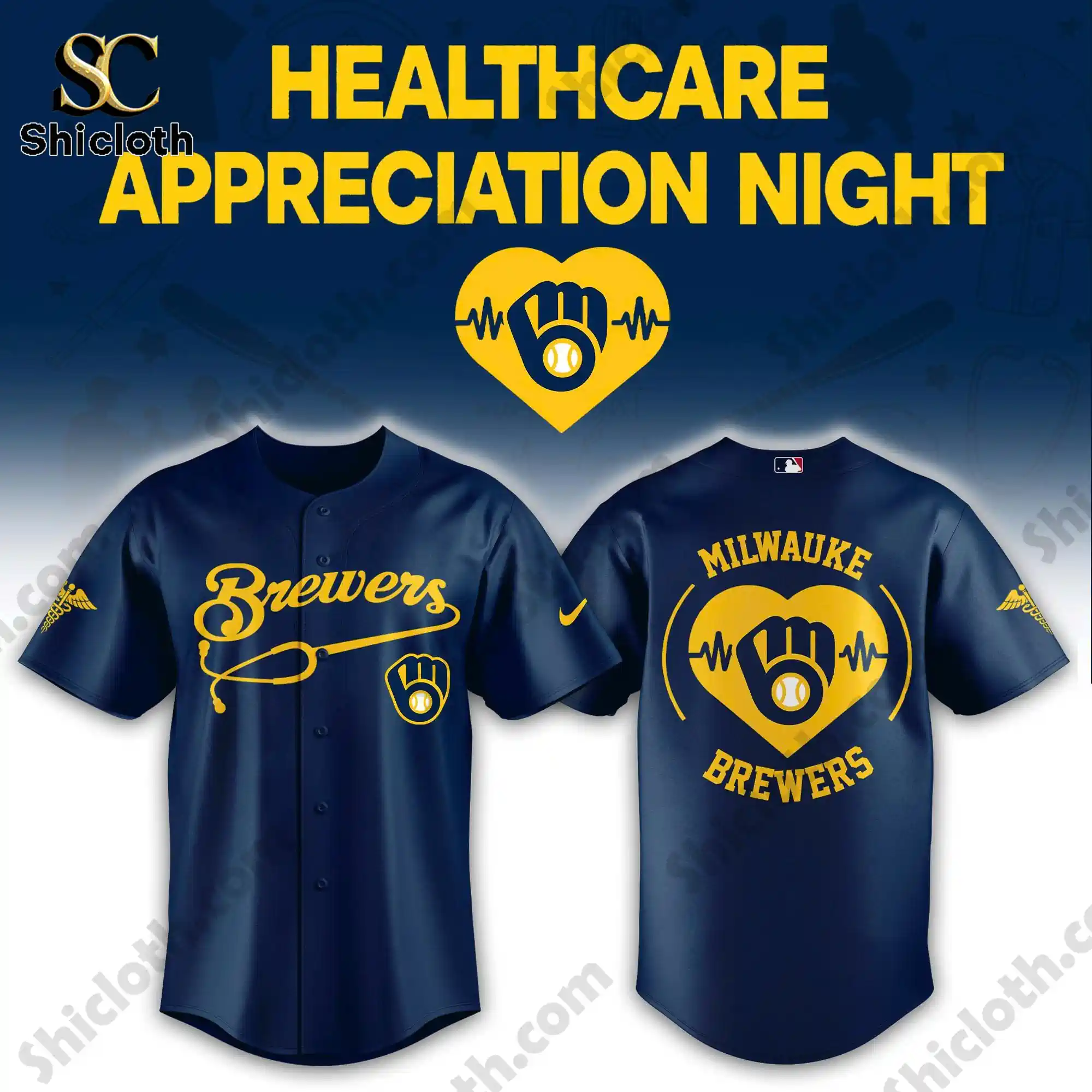 Front and back view of navy Milwaukee Brewers Healthcare Appreciation Night jersey with heart and glove logo.
