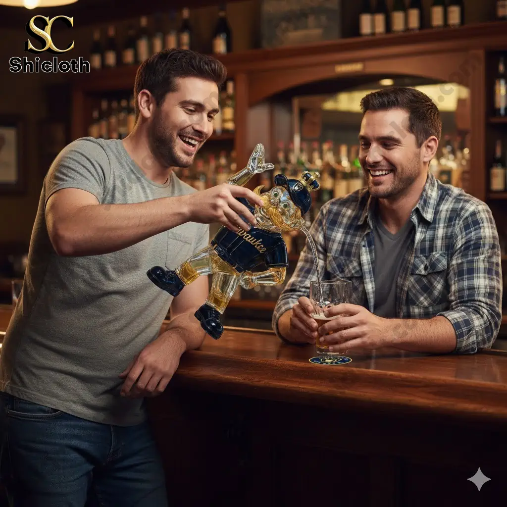 Two men at a bar pouring whiskey from a Milwaukee Brewers mascot bottle!