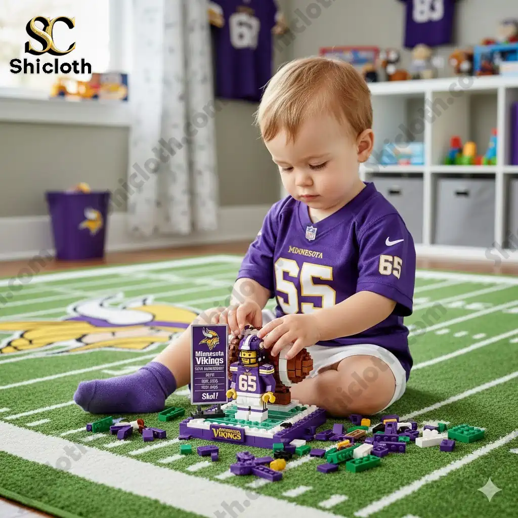 Baby wearing Minnesota Vikings 65 jersey playing with Shicloth brick set on football field rug.