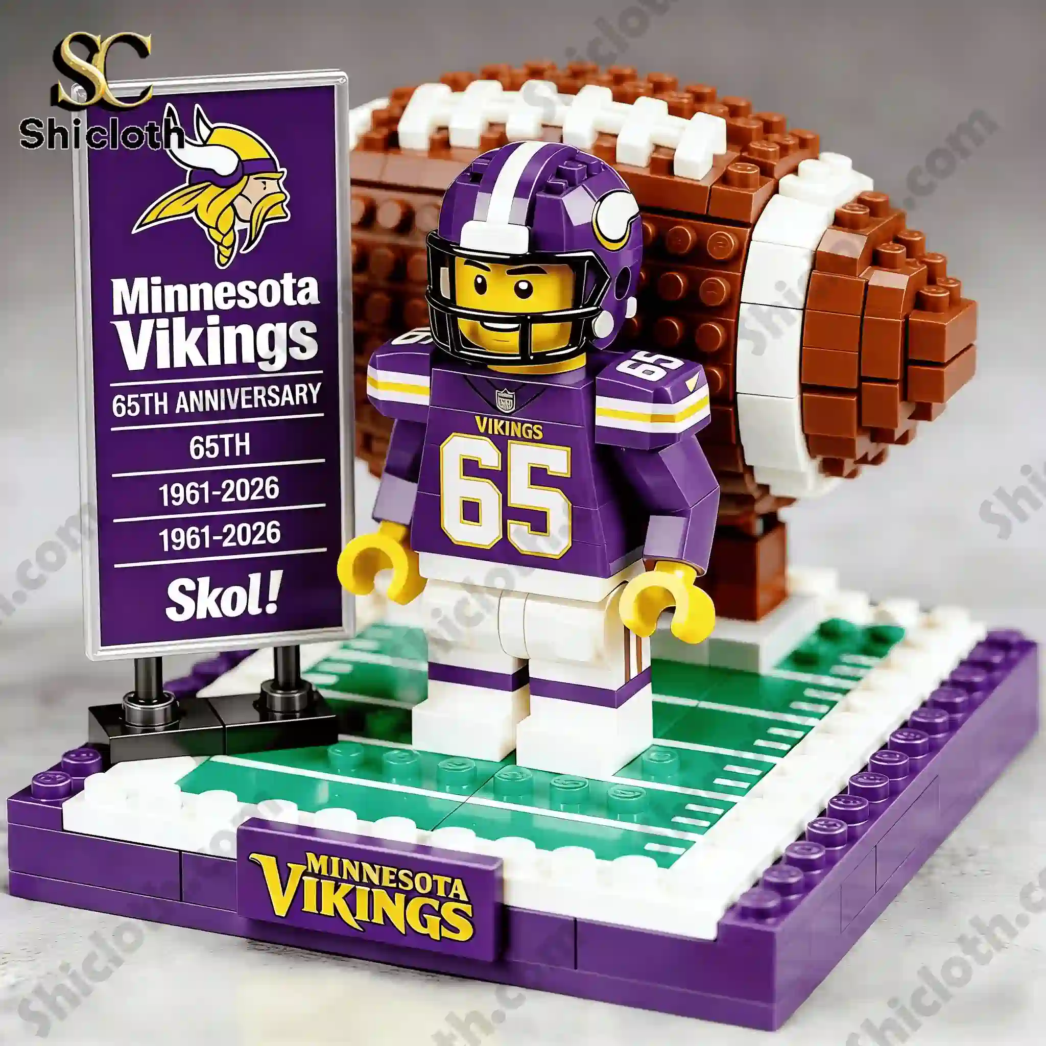 Shicloth Minnesota Vikings 65th Anniversary brick figure set with football and display sign.