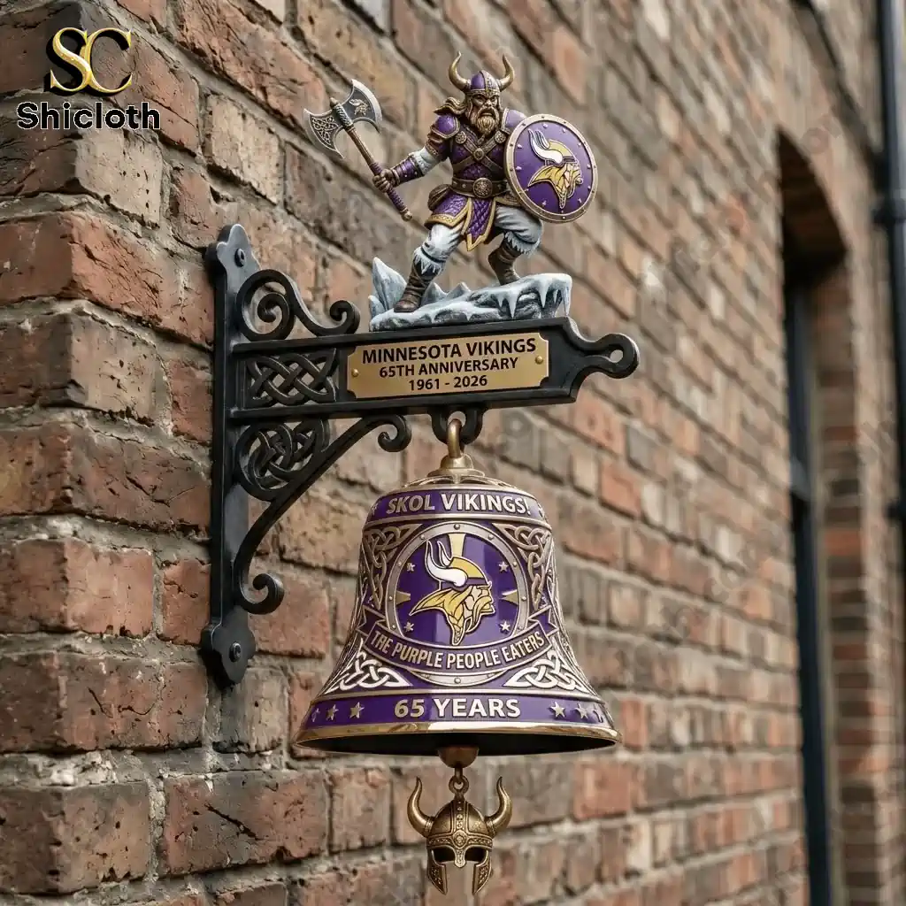 Minnesota Vikings commemorative wall bell mounted on a brick wall with Viking warrior figure on top!