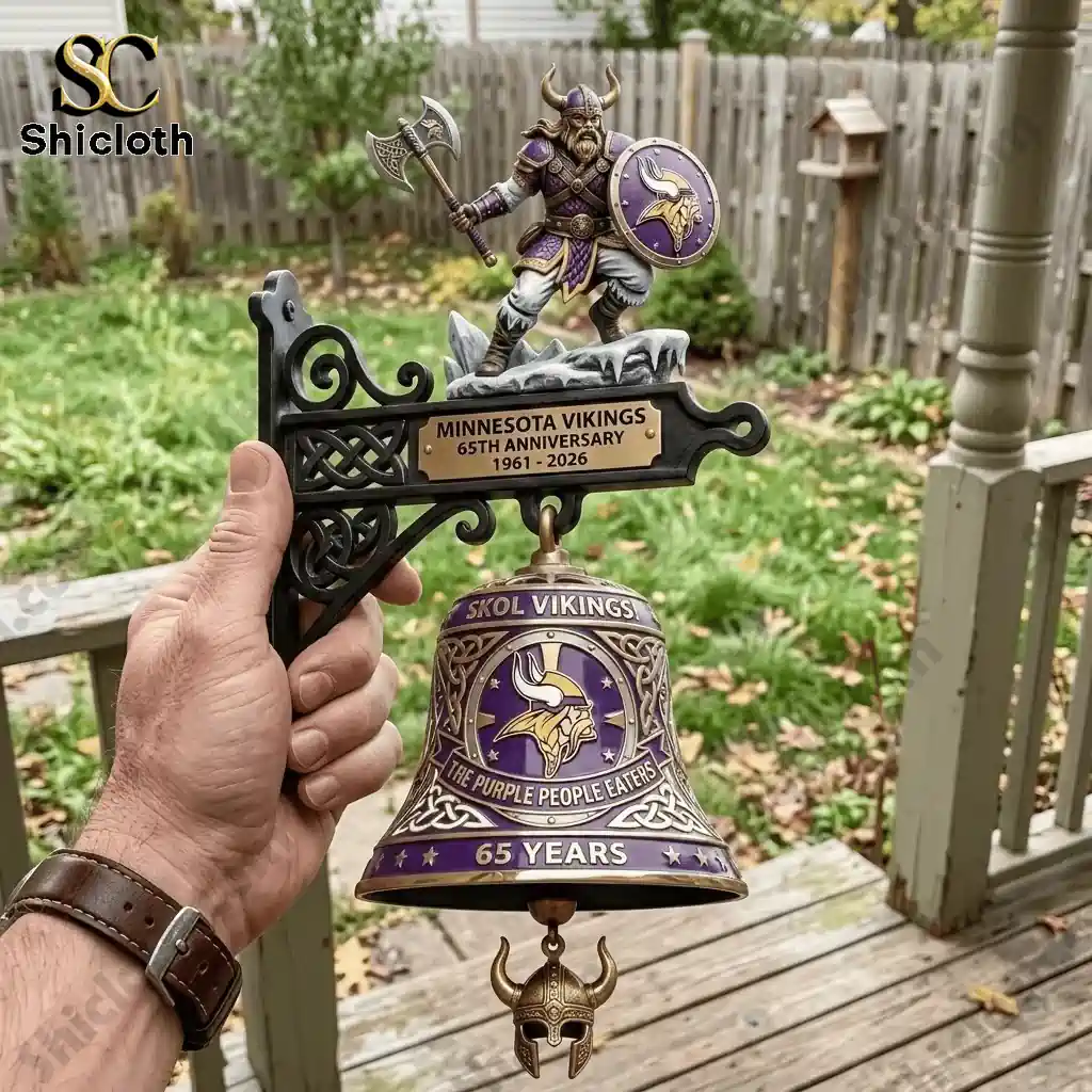 Hand holding Minnesota Vikings commemorative wall bell with Viking warrior figure and purple team emblem!