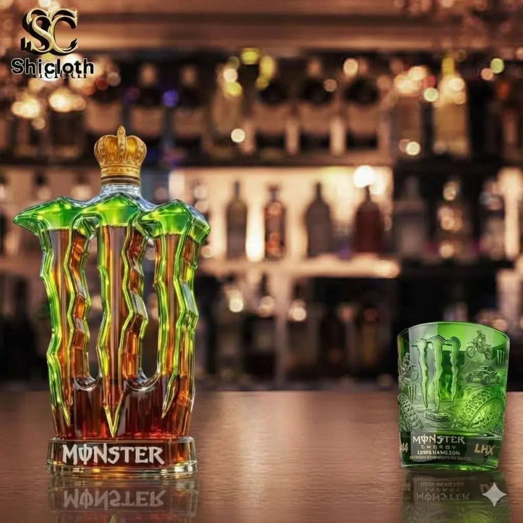 Monster Energy claw shaped whiskey decanter on bar counter!