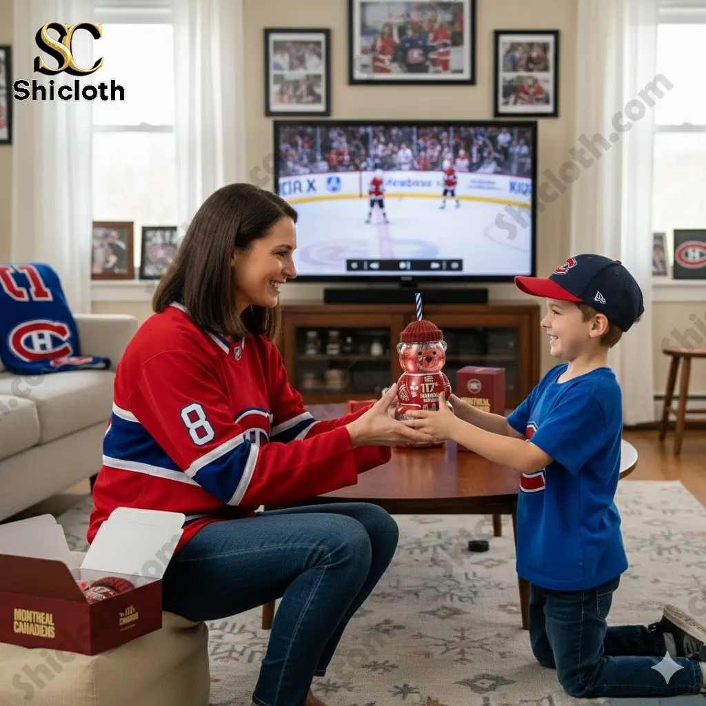 Mother and son exchanging Montreal Canadiens 117th Anniversary Bear Bottle in living room with hockey game on TV!