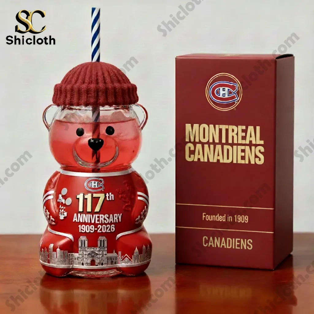 Close up of Montreal Canadiens 117th Anniversary Bear Bottle with red gift box on table!