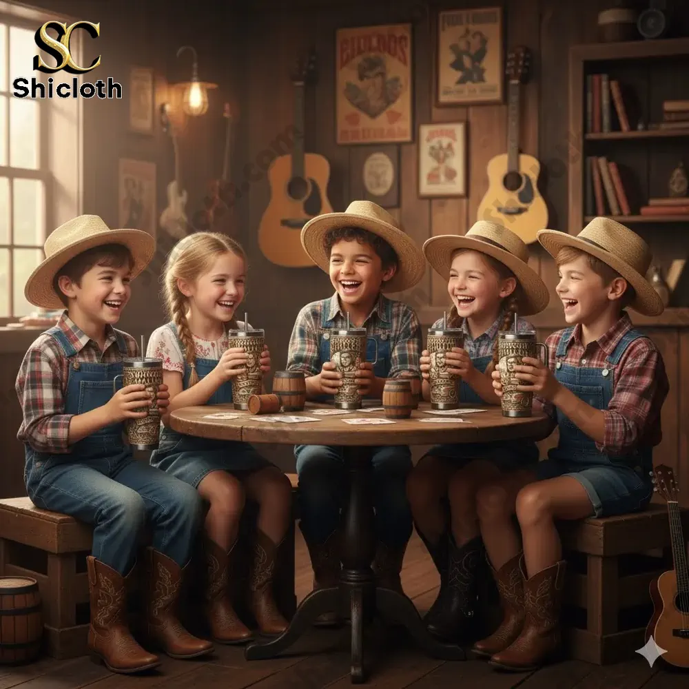 Five happy children wearing straw hats sit at a wooden table holding western style mugs in a cozy rustic room!