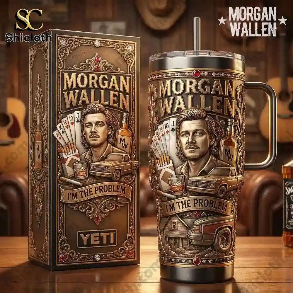 Decorative country style tumbler with illustrated singer design shown with branded box on wooden table!