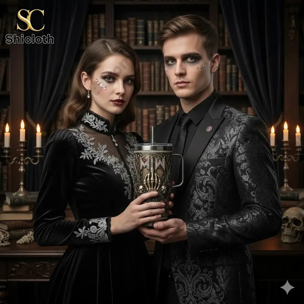 Oregon Ducks 131st Anniversary Tribute Tumbler 71 Gothic couple holding a Motionless In White themed tumbler in a dark library setting!