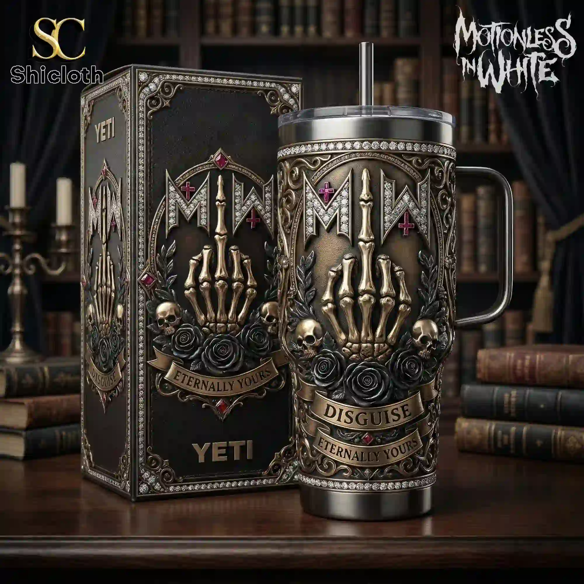 Motionless In White Eternally Yours tumbler with handle shown beside its premium box!