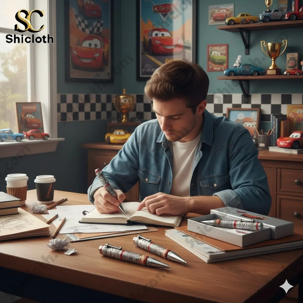 Man designing Lightning McQueen commemorative pen in Cars themed workspace!