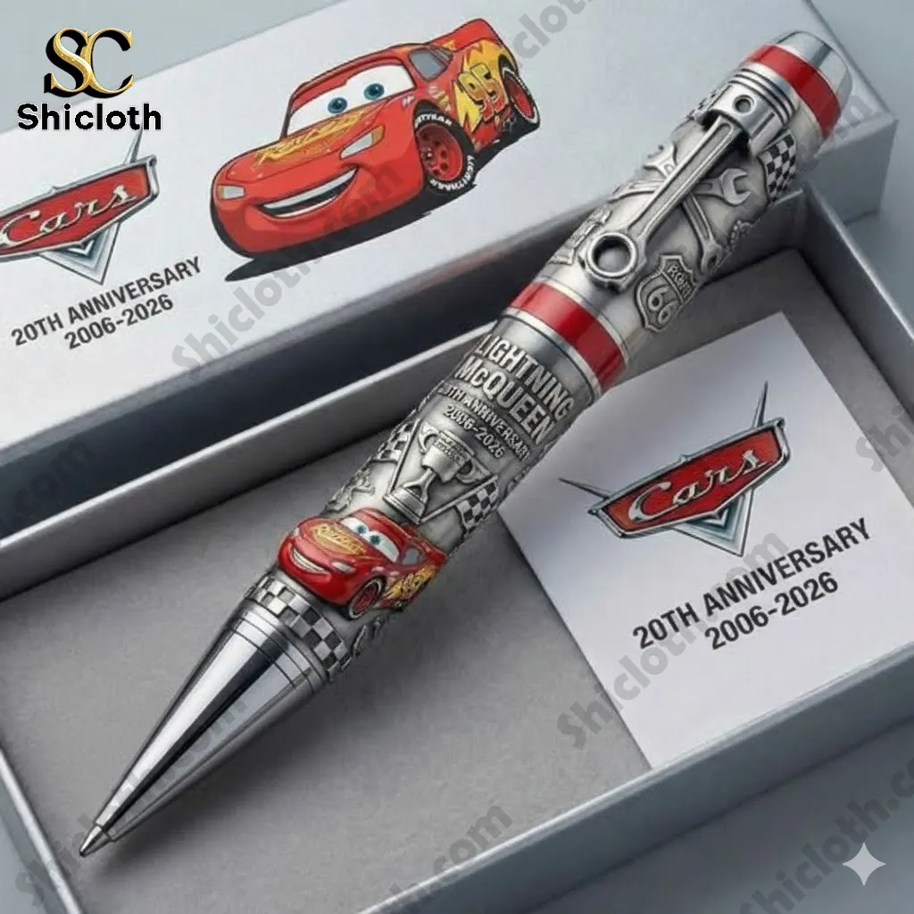 Close up of Shiclothg Lightning McQueen 20th Anniversary commemorative pen in premium box!