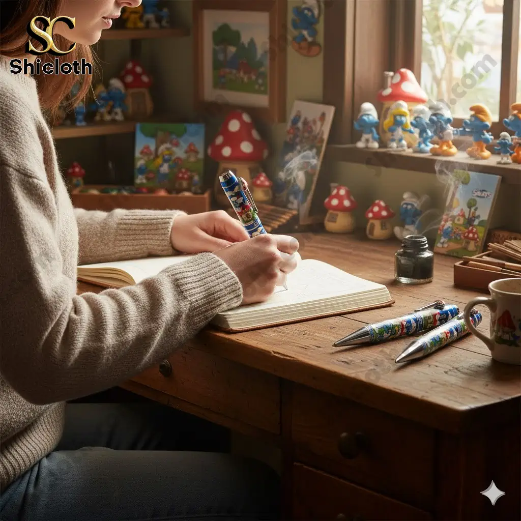 Woman writing in notebook with The Smurfs collectible pen at wooden desk