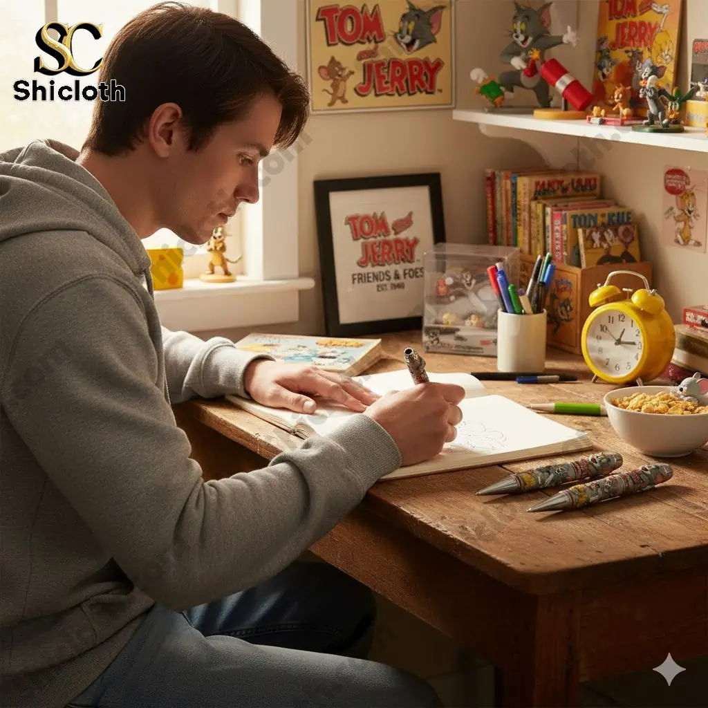 Man drawing at desk with Tom and Jerry limited edition pen by Shiclothg