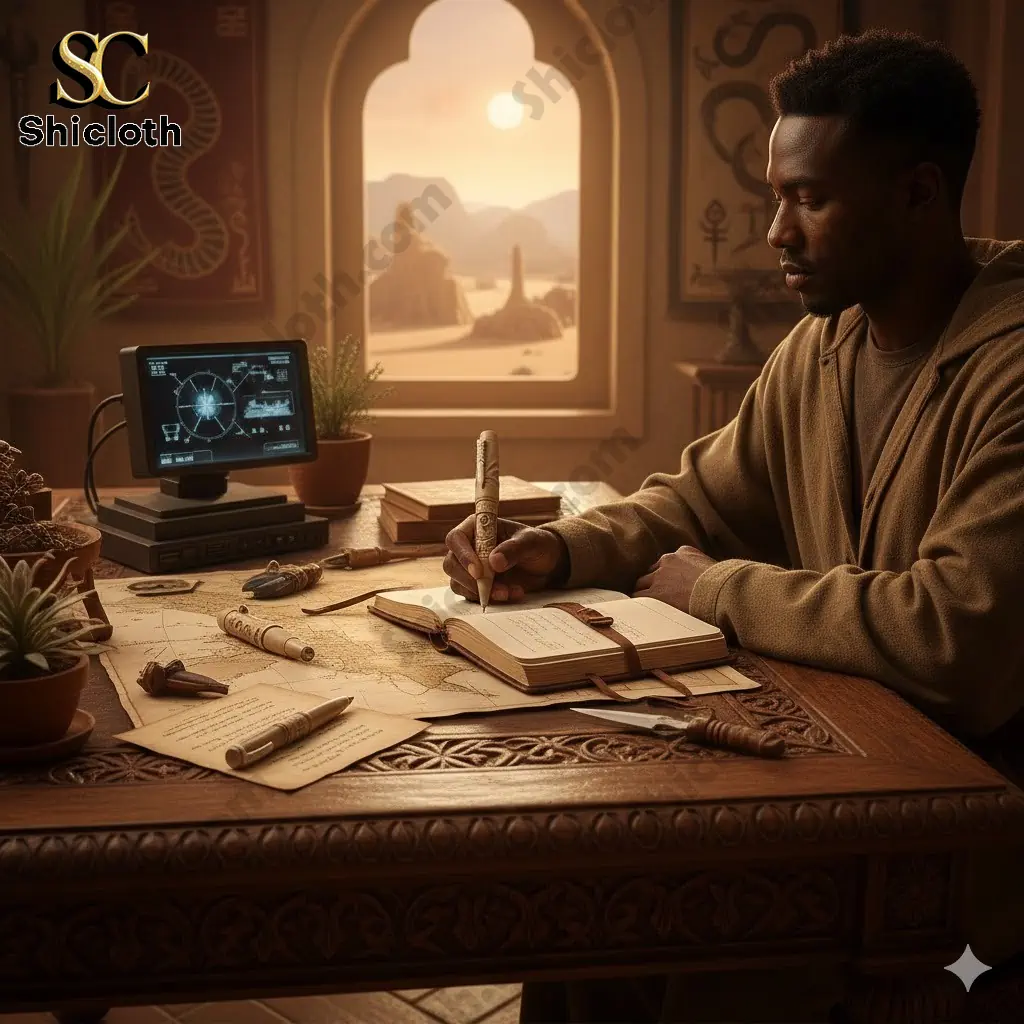 Man writing in notebook with Dune themed pen at wooden desk with desert view window!