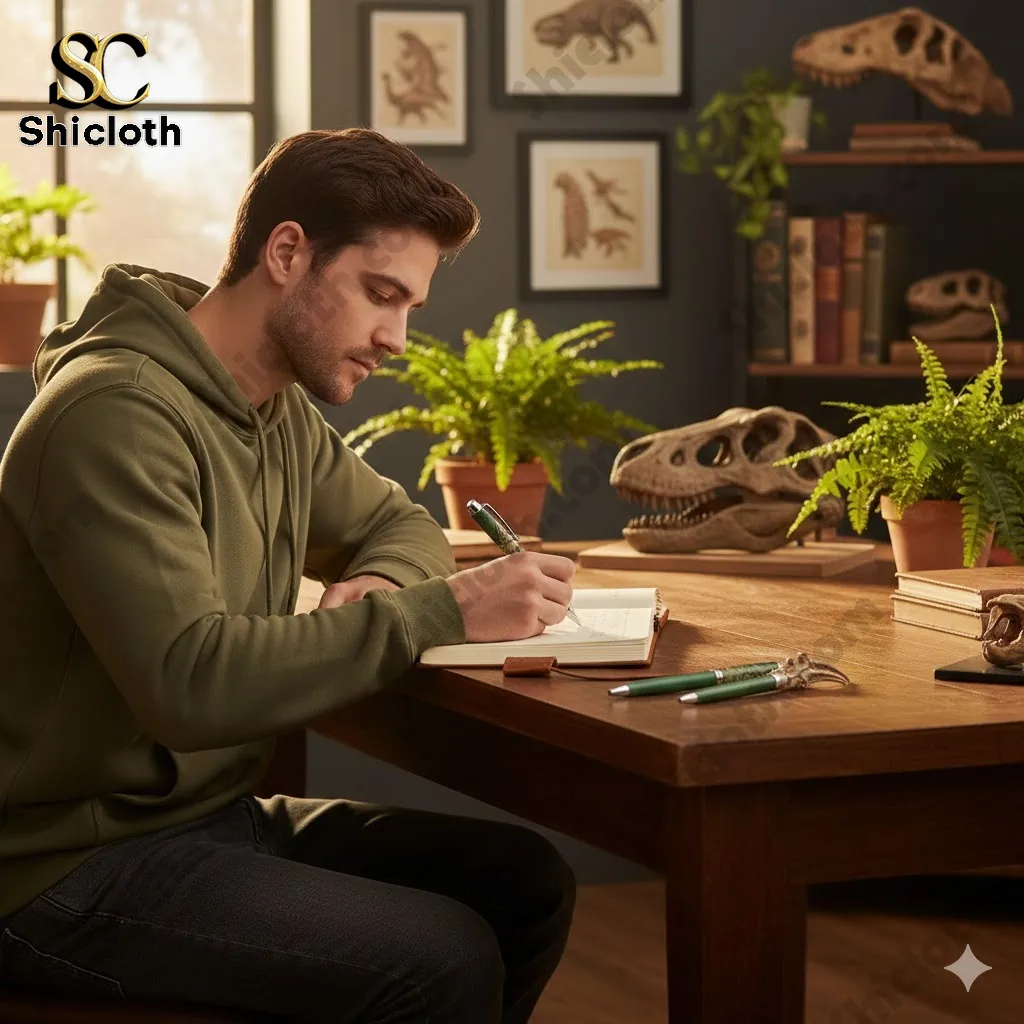 Man writing in notebook with Jurassic Park anniversary pen in dinosaur themed study room