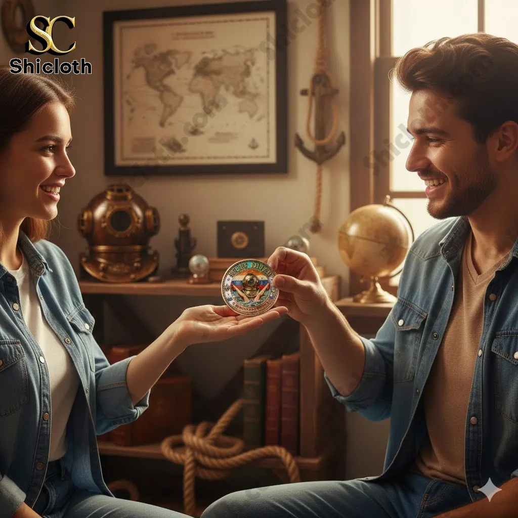 Couple holding a Shicloth adventure commemorative coin in a nautical themed room!