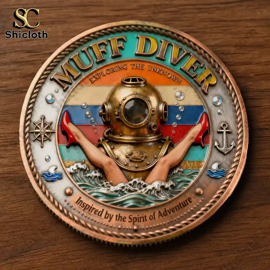 Close up of Shicloth Muff Diver commemorative coin with vintage diving helmet design!