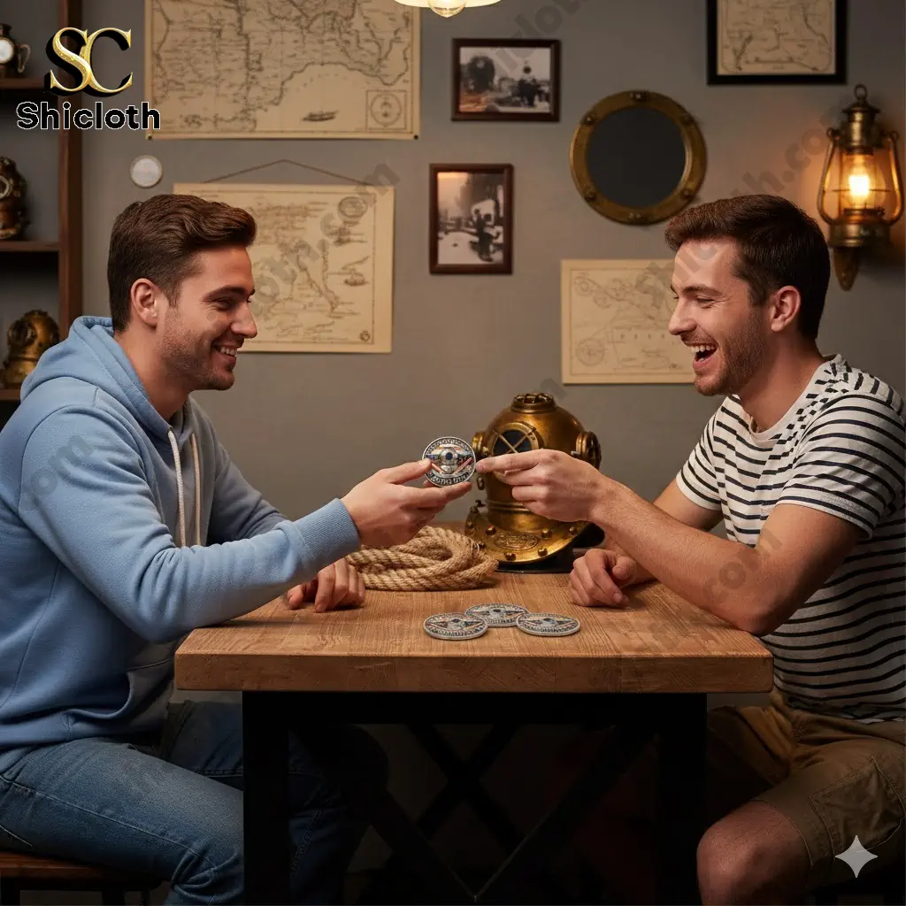 Two men smiling and exchanging a diver themed coin at a wooden table!