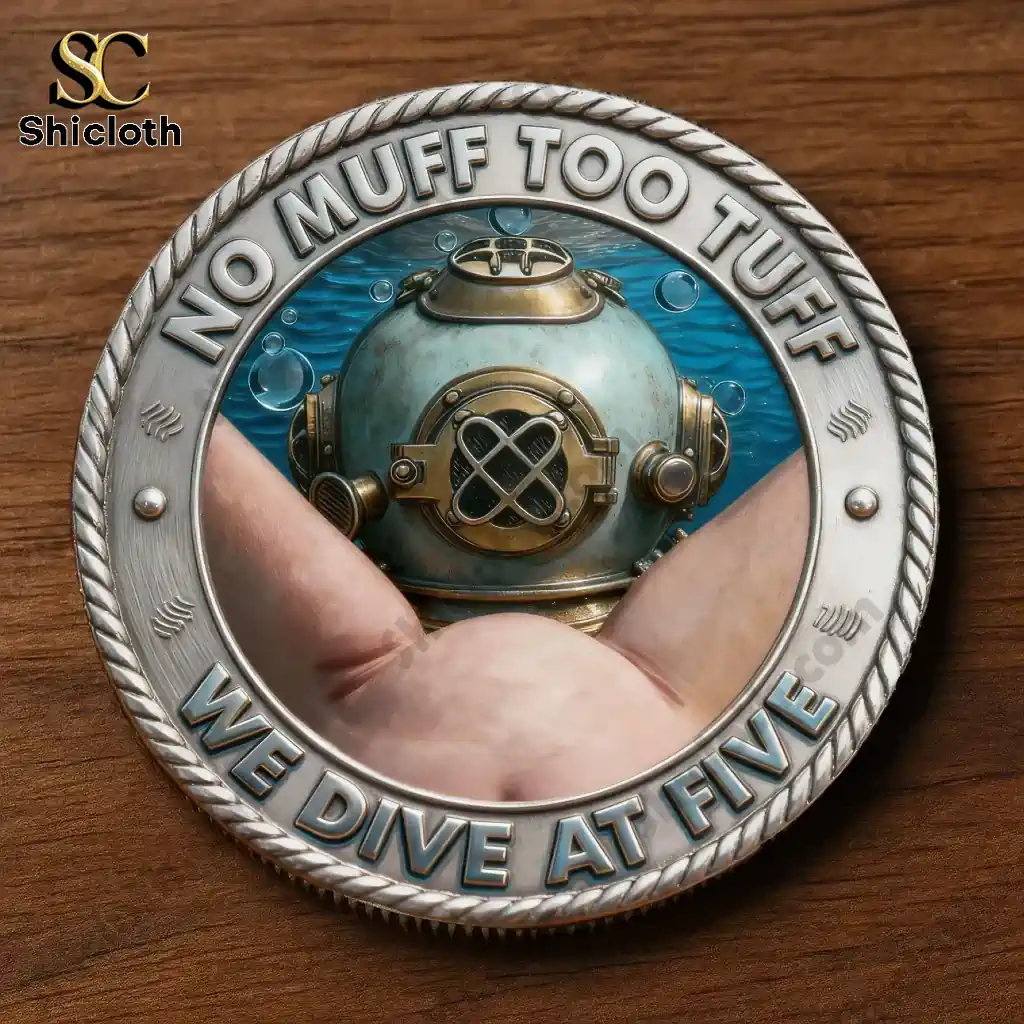 Muff Divers Union Local 69 No Muff Too Tough Commemorative Coin 3 Close up of diver helmet coin with ocean background and bold text!