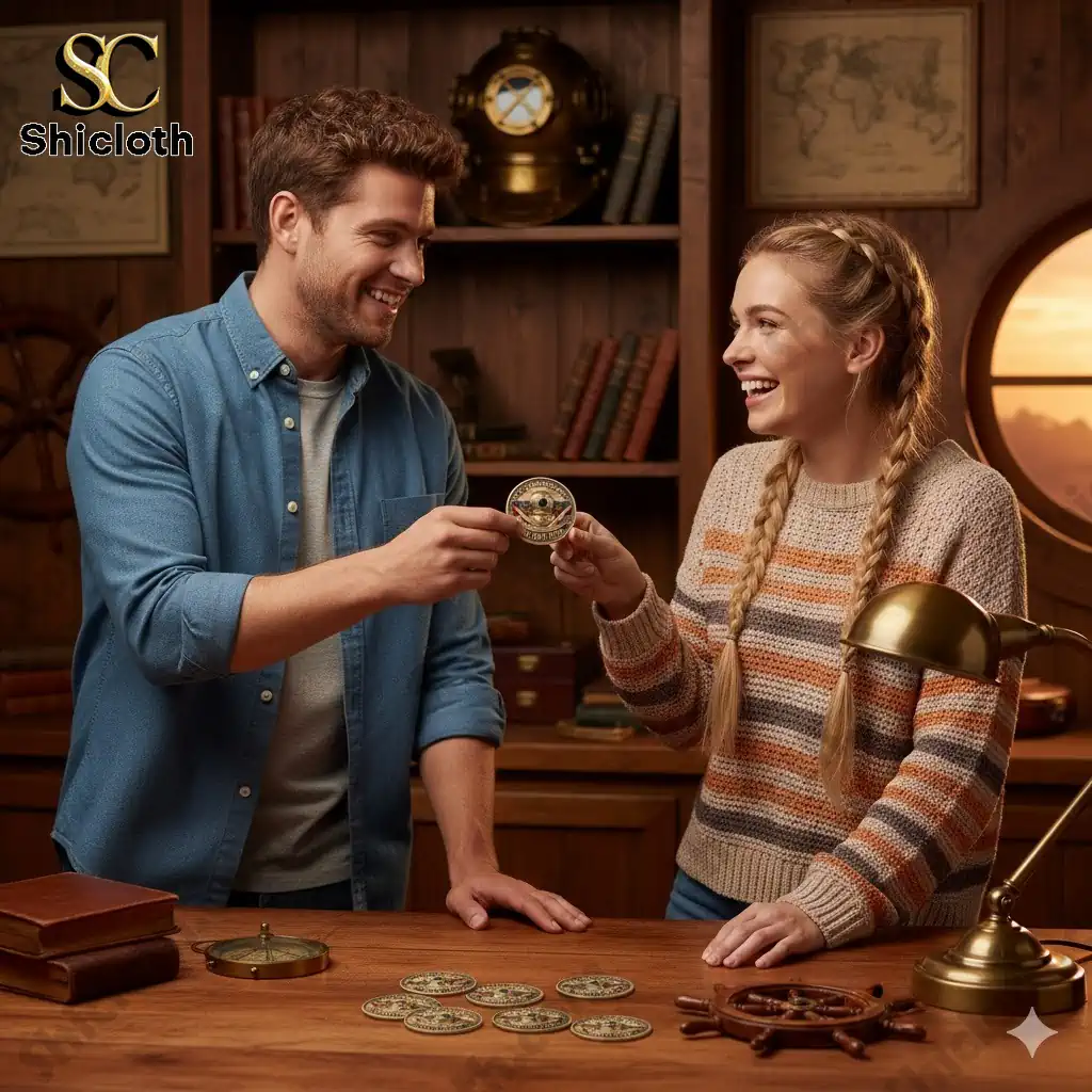 Man and woman holding Muff Divers Inc commemorative coin in Shicloth vintage shop!