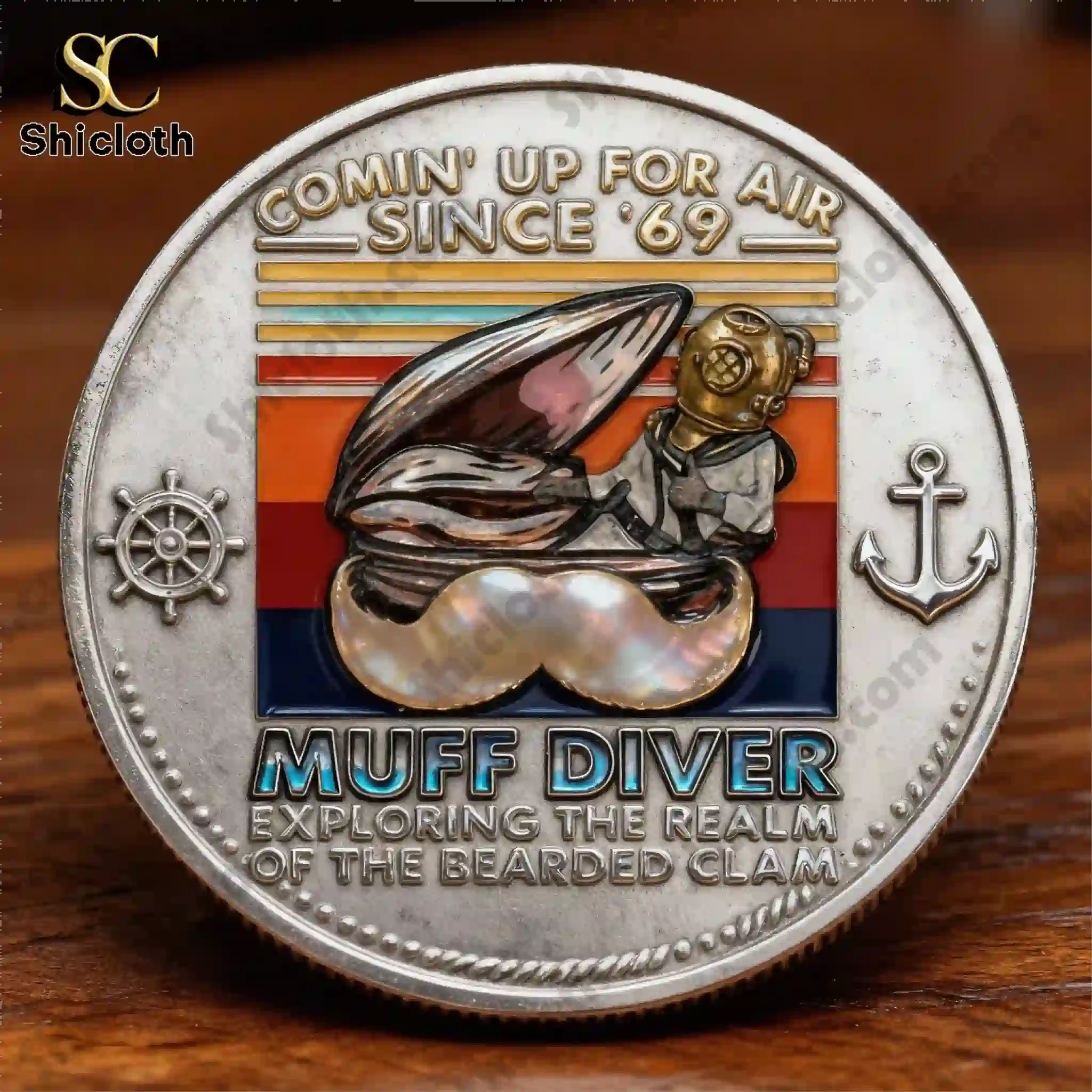 Muff Divers Union No Muff Too Tough Limited Edition Commemorative Coin 5 Muff Diver commemorative coin back side with clam and diver illustration!