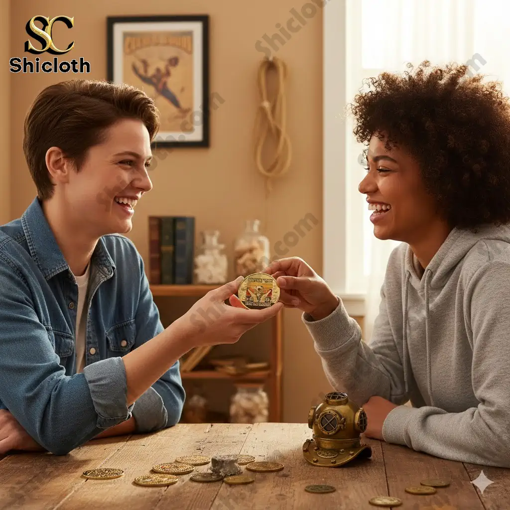 Two women smiling while holding a Shicloth diving commemorative coin at a wooden table!