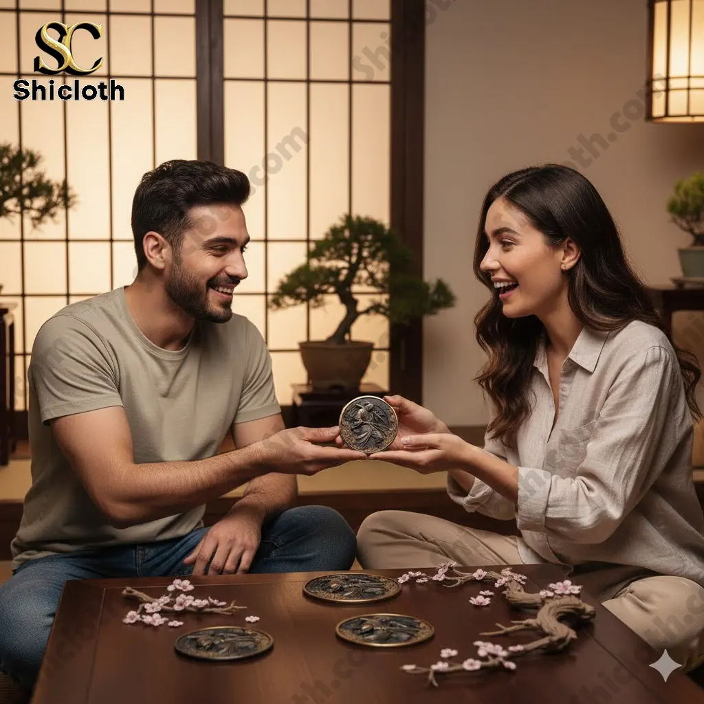 Couple exchanging a samurai engraved coin in a Japanese style room