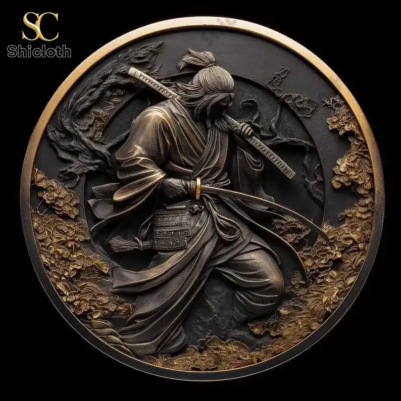 Close up of a detailed samurai engraved coin with sword and floral patterns