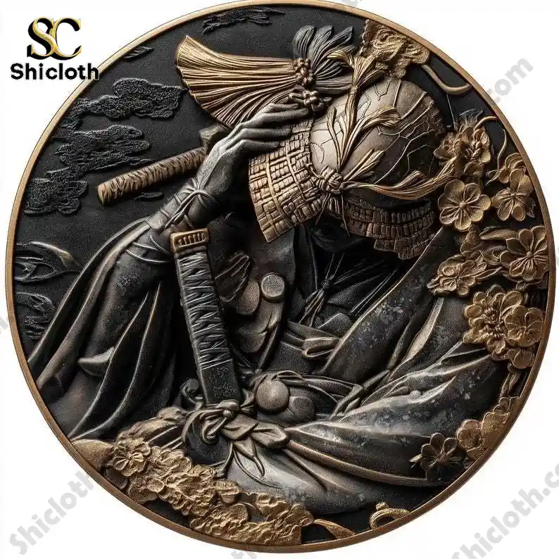 Musashi's Path The Coin of a Legendary Samurai 3 Samurai armor engraved coin with intricate floral and warrior details