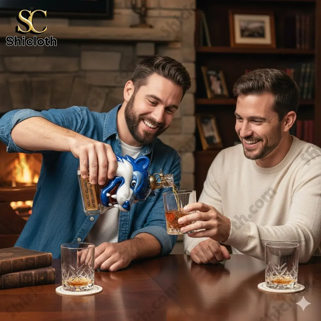 Two men pouring whiskey from a blue sabertooth head bottle into a glass.