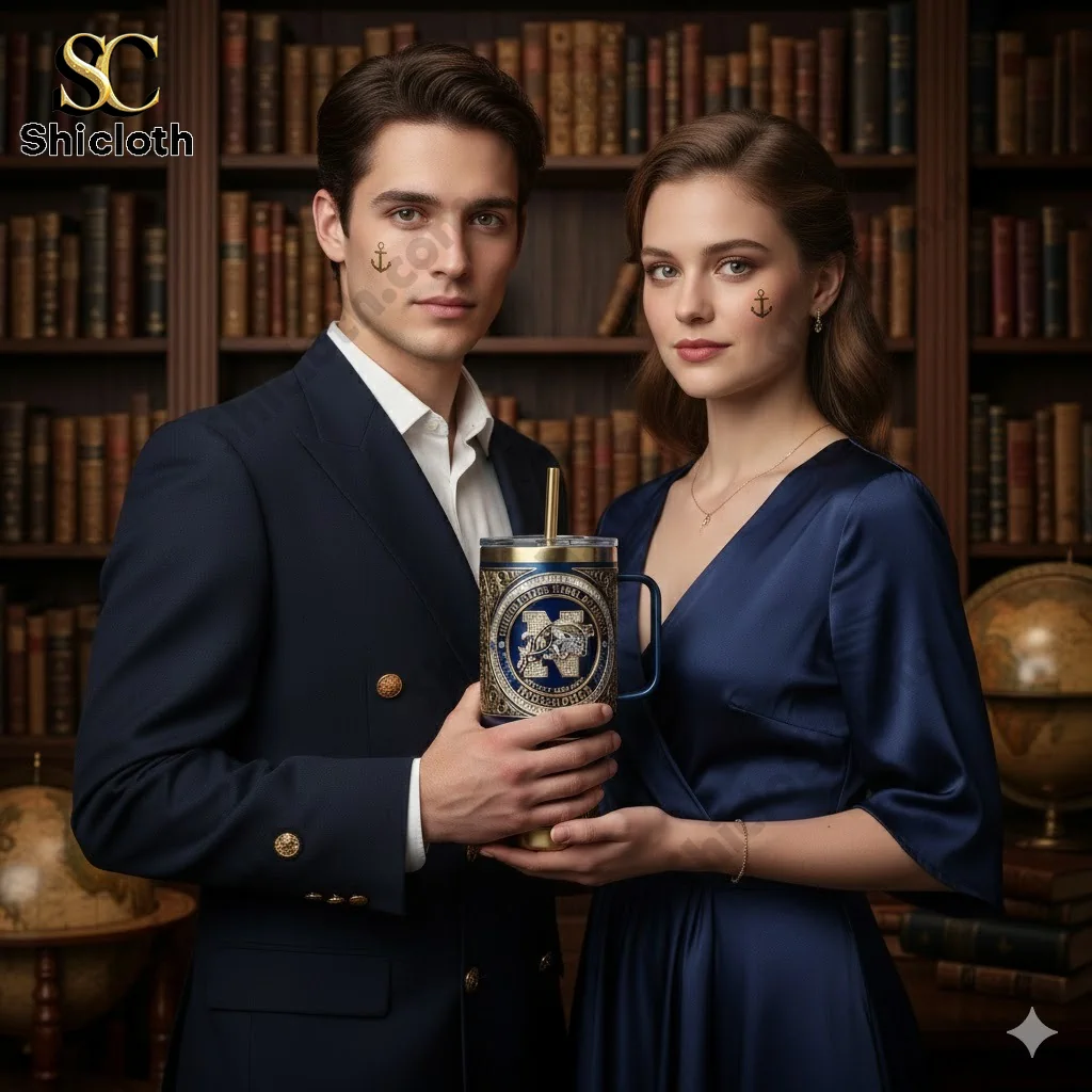Oregon Ducks 131st Anniversary Tribute Tumbler 69 A man and woman holding a Navy Midshipmen tumbler in a classic library setting.