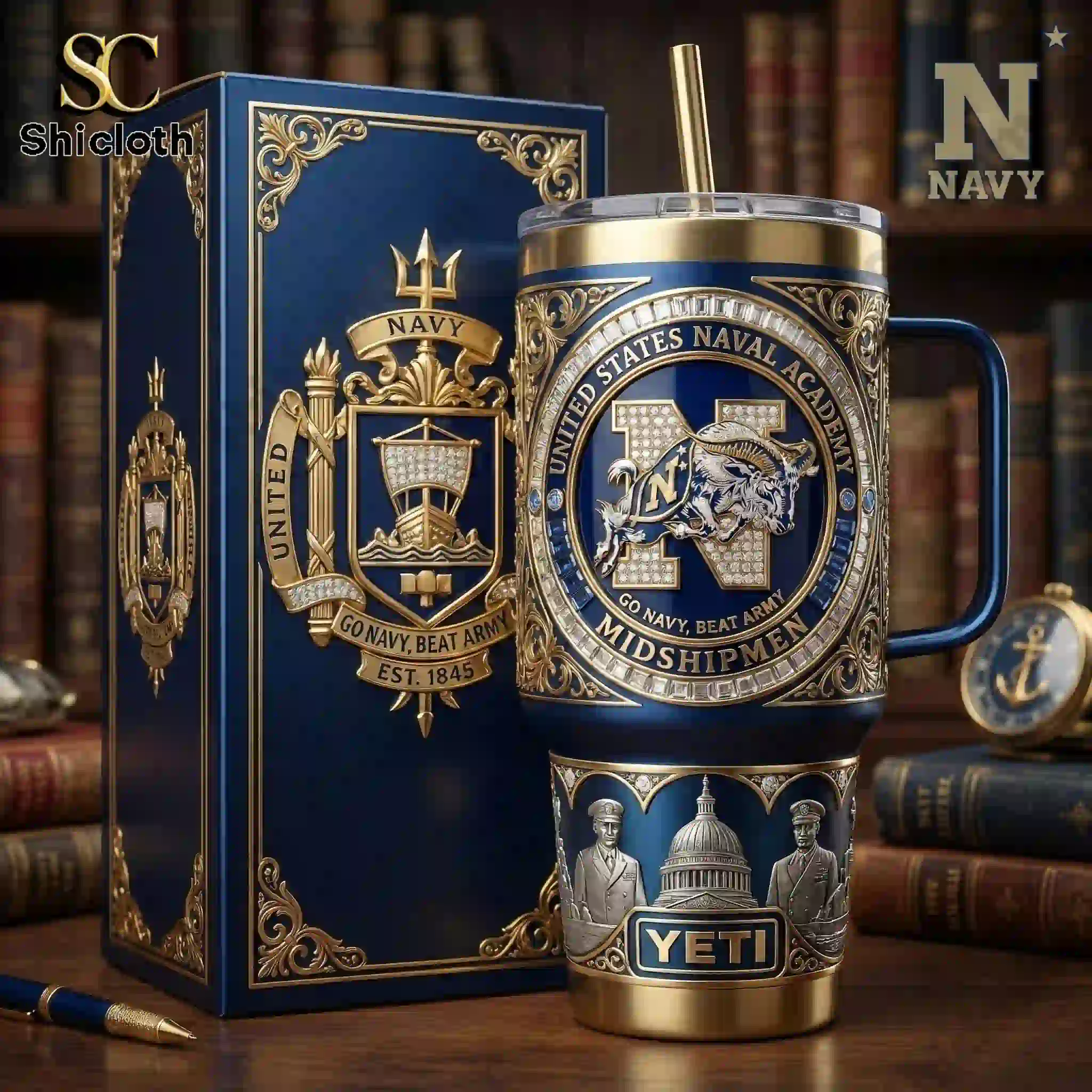 Navy Midshipmen tumbler with handle displayed beside its decorative gift box.