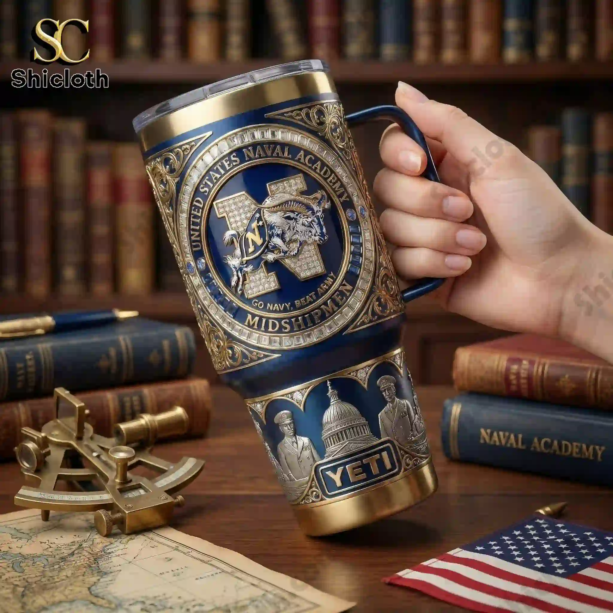 Navy Midshipmen 40oz Tumbler With Handle 3 Hand holding a Navy Midshipmen tumbler with handle on a desk with books and a map.