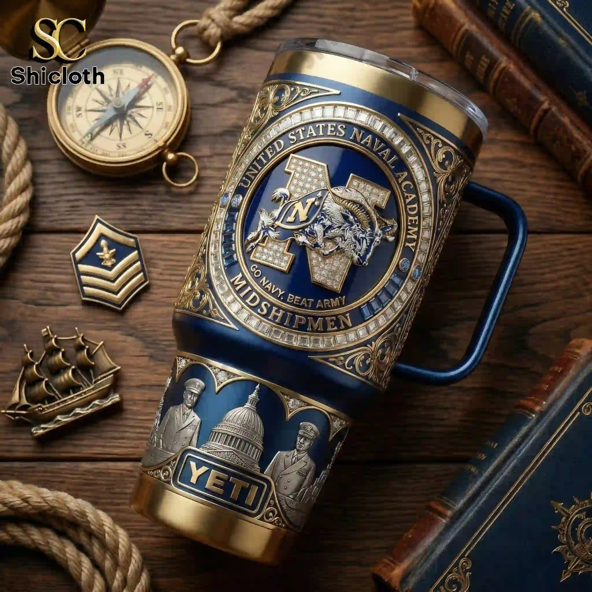 Navy Midshipmen 40oz Tumbler With Handle 4 Navy Midshipmen tumbler with handle placed on a wooden table with nautical accessories.