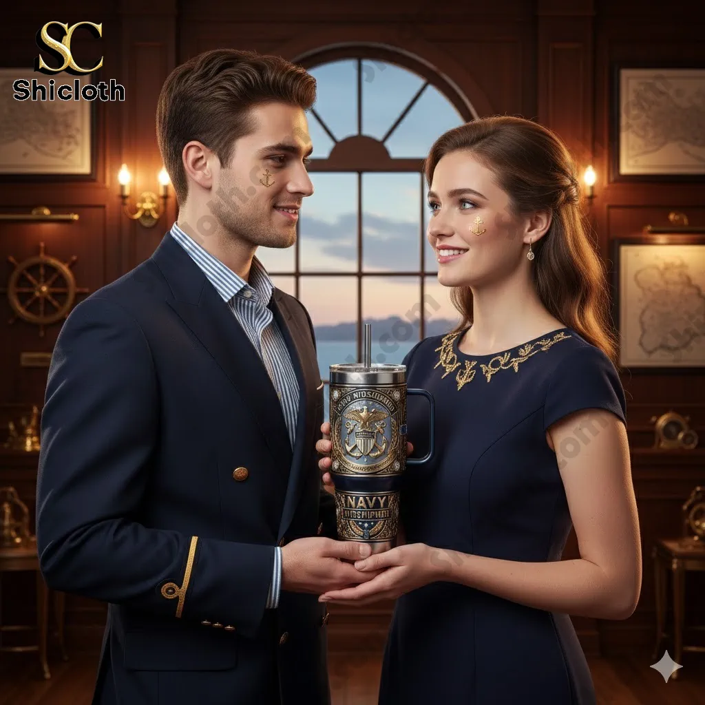 Oregon Ducks 131st Anniversary Tribute Tumbler 67 Couple holding a Navy Midshipmen Yeti tumbler with handle in a warm nautical room.