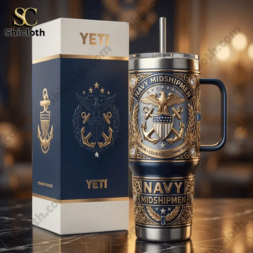 Navy Midshipmen Yeti tumbler with handle displayed next to its matching gift box.