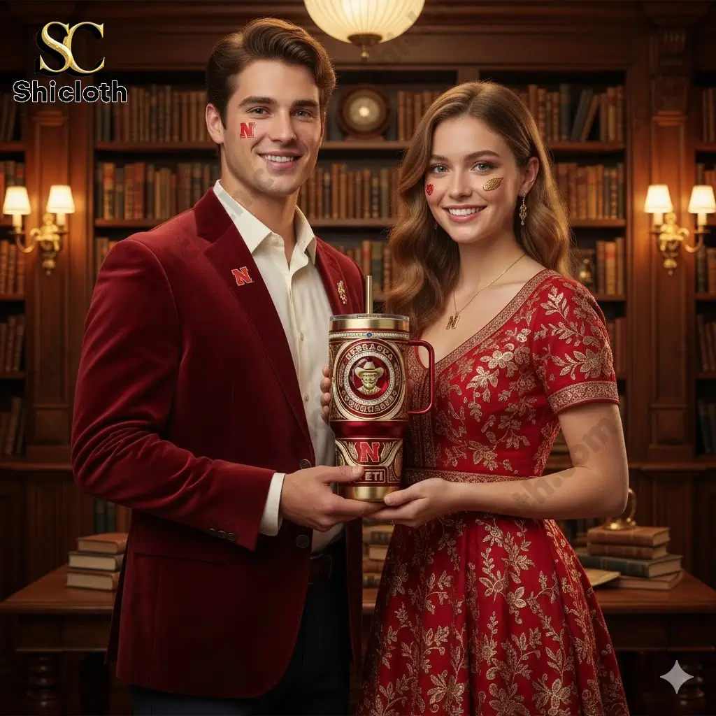 Oregon Ducks 131st Anniversary Tribute Tumbler 65 Couple holding a Nebraska Cornhuskers themed tumbler in a vintage library setting!